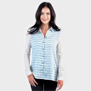 NWT De Collection Womens Size XL Blue Cream Stripe Long Sleeve Blouse